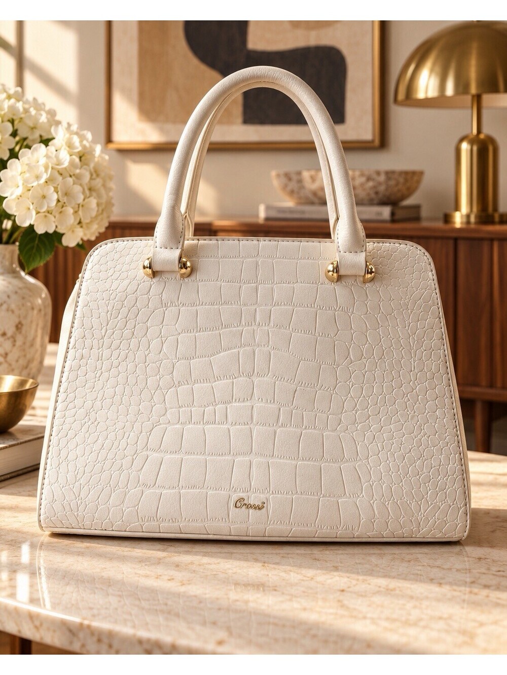 Crossi New York Ivory Croc Embossed Satchel Handbag Gold V Hardware 14in by 10in